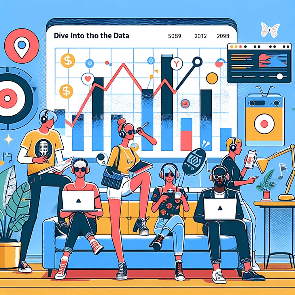 Ultra-cool image of fashionable people analyzing podcast data in a modern setting, symbolizing the trendy approach to data-driven podcast marketing.