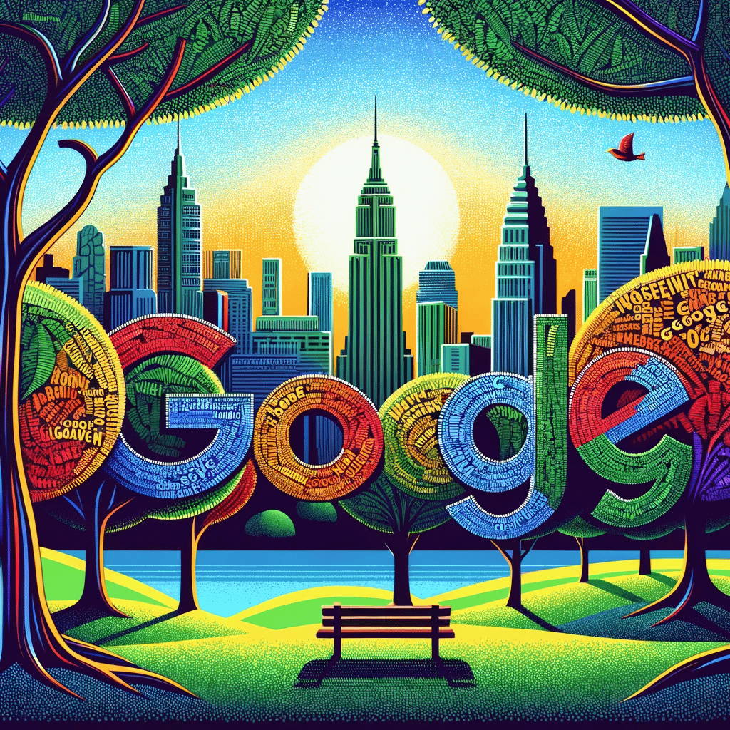 Colorful depiction of Central Park with SEO-related words as tree leaves and 'Google' subtly integrated, against the New York skyline.