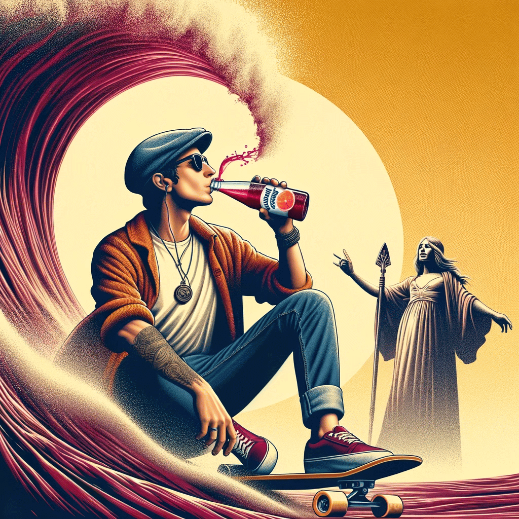 Relaxed skateboarder enjoying Ocean Spray cranberry juice, with a background evoking Fleetwood Mac's music.