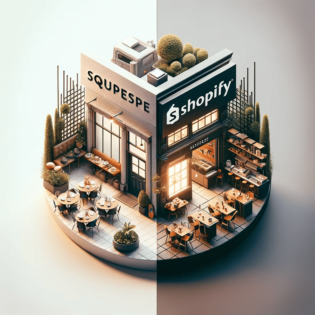 Stylish image visually contrasting Squarespace's café-like elegance with Shopify's restaurant-like robustness, representing their e-commerce strengths.