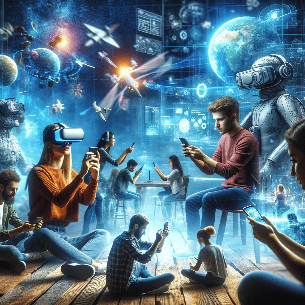 Realistic image of people engaging with interactive content using smartphones and VR headsets, immersed in modern digital experiences.