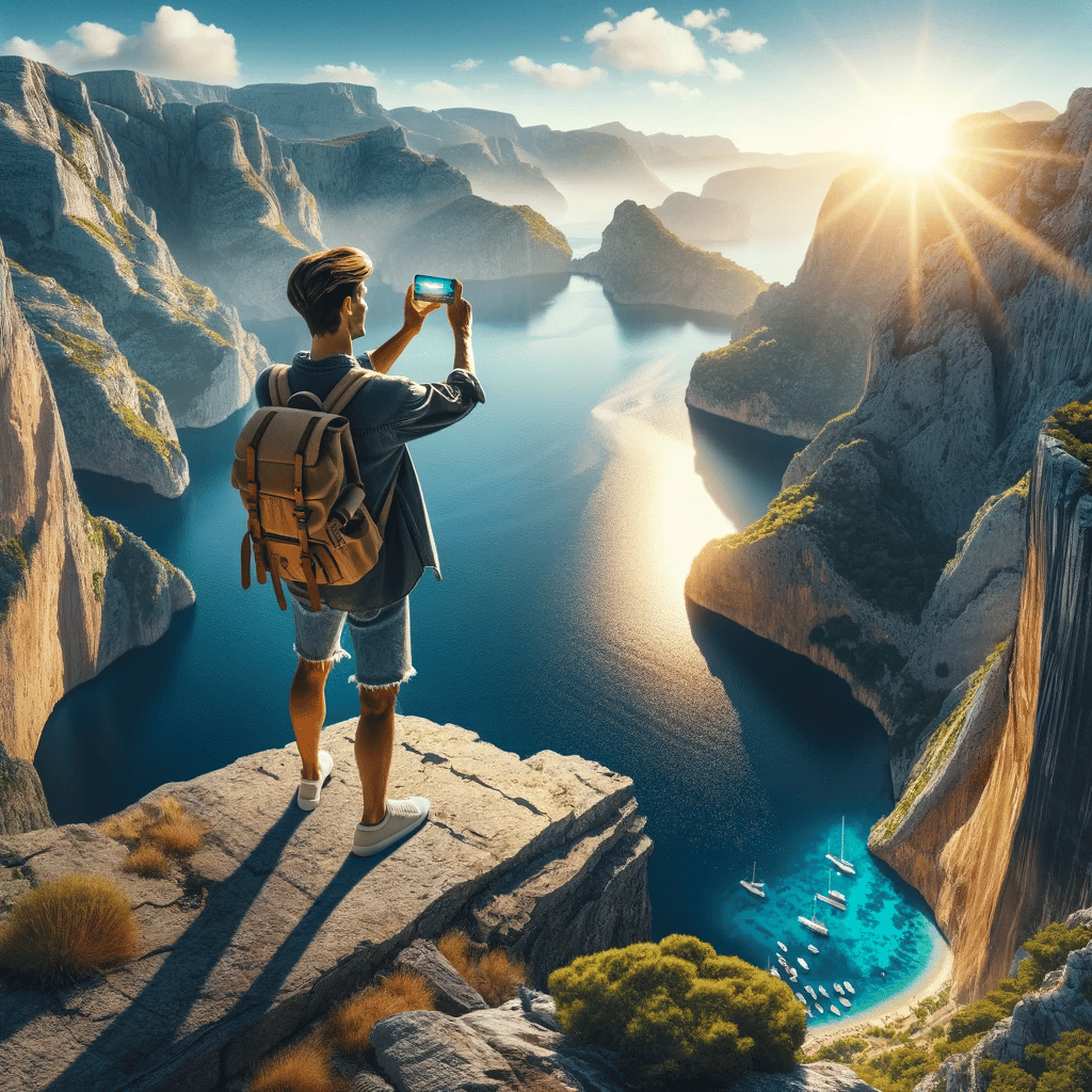 Realistic image of a stylish travel influencer standing on a cliff, capturing a breathtaking water view with their smartphone.