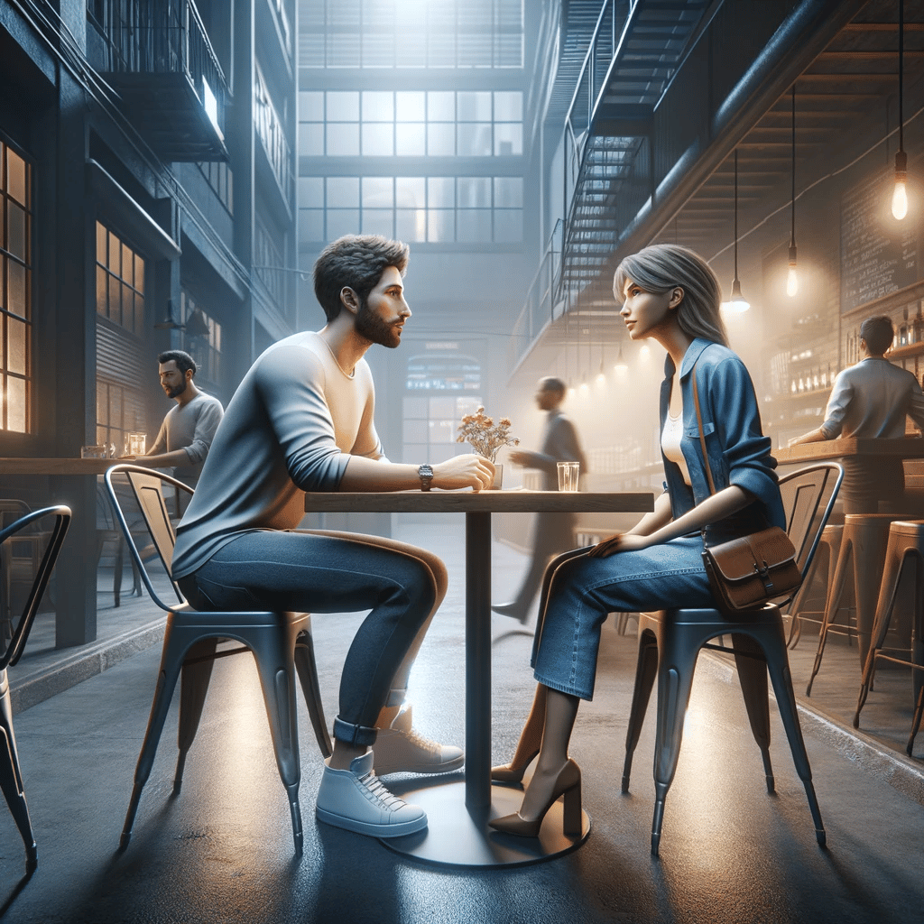 Realistic depiction of a first date in a trendy urban café, capturing the significance of first impressions in a modern setting.