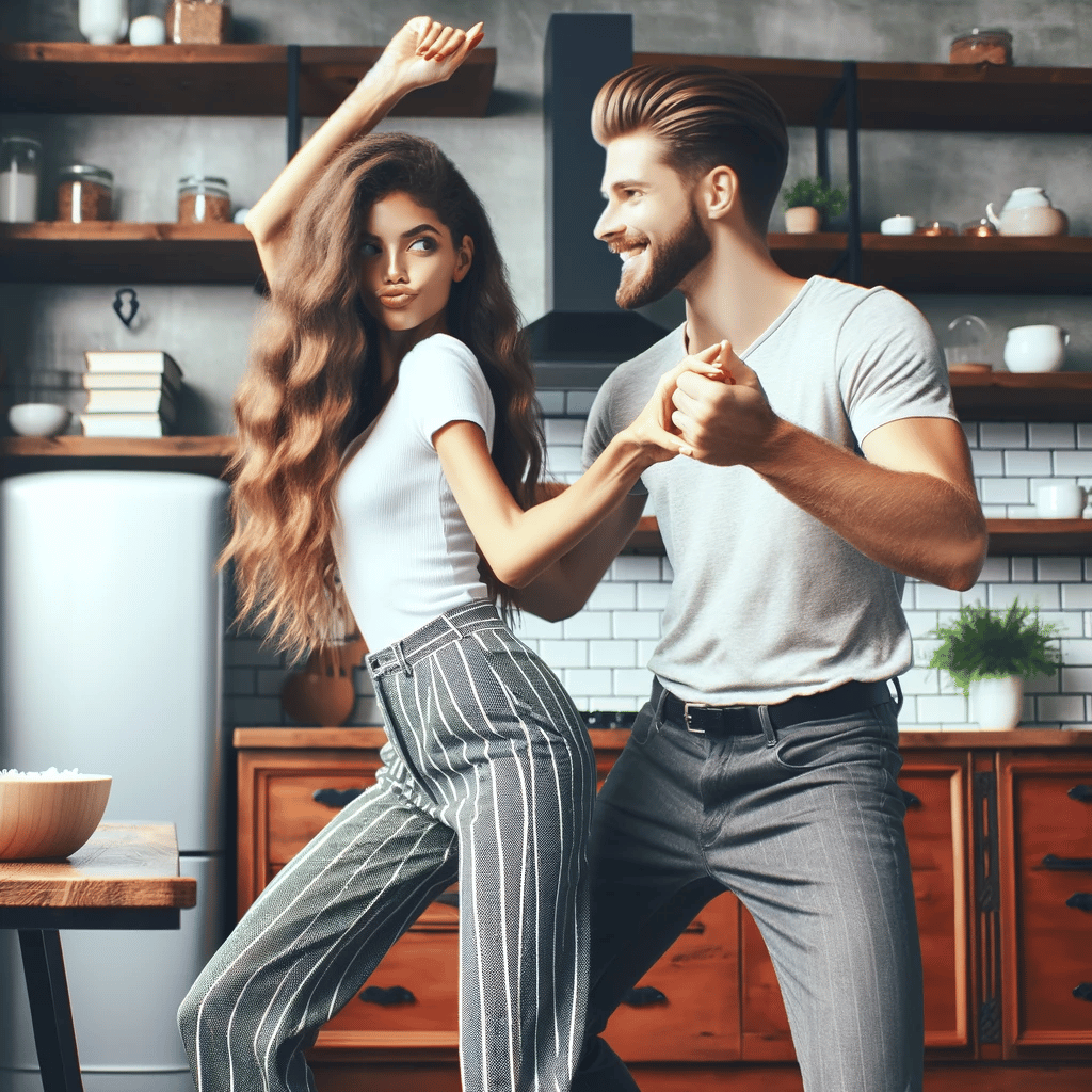 A young mixed race couple in a modern kitchen, with the woman dancing and trying to get her partner to join, reminiscent of the Beckham challenge.