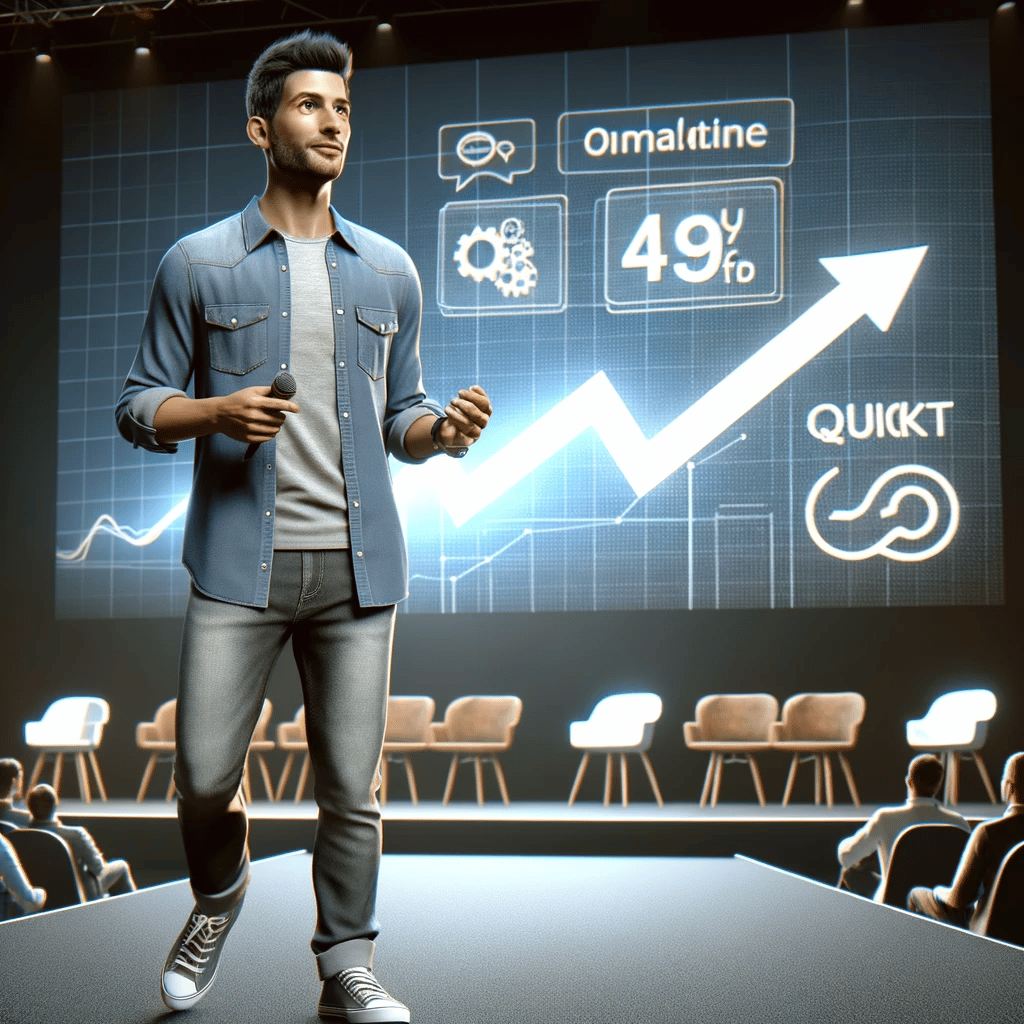 Realistic image of a marketing professional in casual clothes speaking at a tech conference, embodying quick and adaptive marketing strategies.