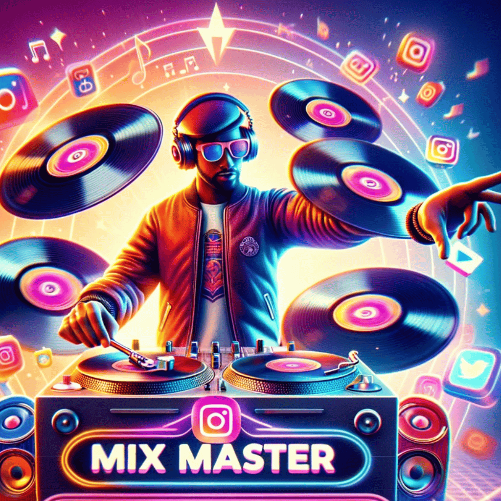 Vibrant image of 'Mix Master DJ Instagram', spinning Instagram Reels like records, representing innovative social media engagement.