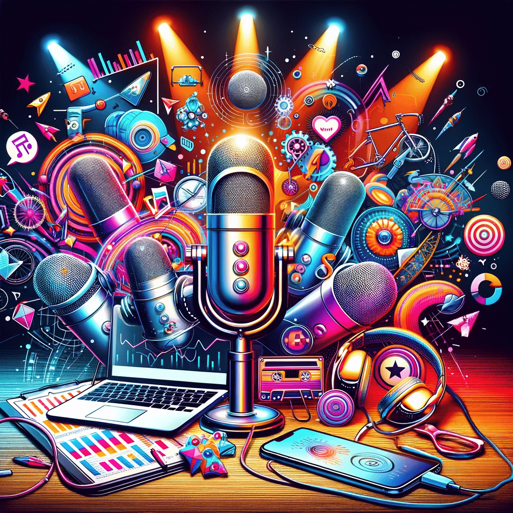 Trendy and vibrant image showcasing stylish podcasting equipment and symbols of creativity, reflecting the dynamic world of podcast marketing in 2024.