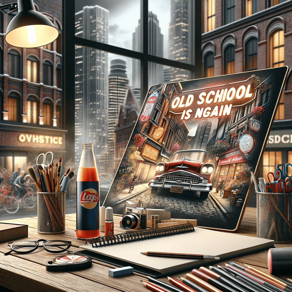 Realistic image showing a blend of vintage and modern elements for a brand, set in an urban environment, symbolizing the resurgence of old-school styles.