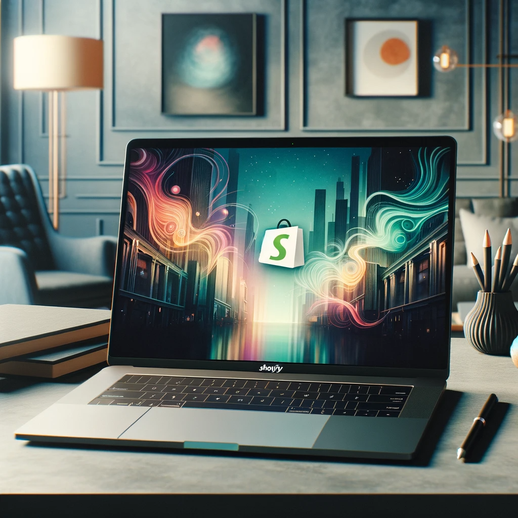 Contemporary image of a sleek laptop in a modern setting, displaying Shopify as a leading e-commerce platform.