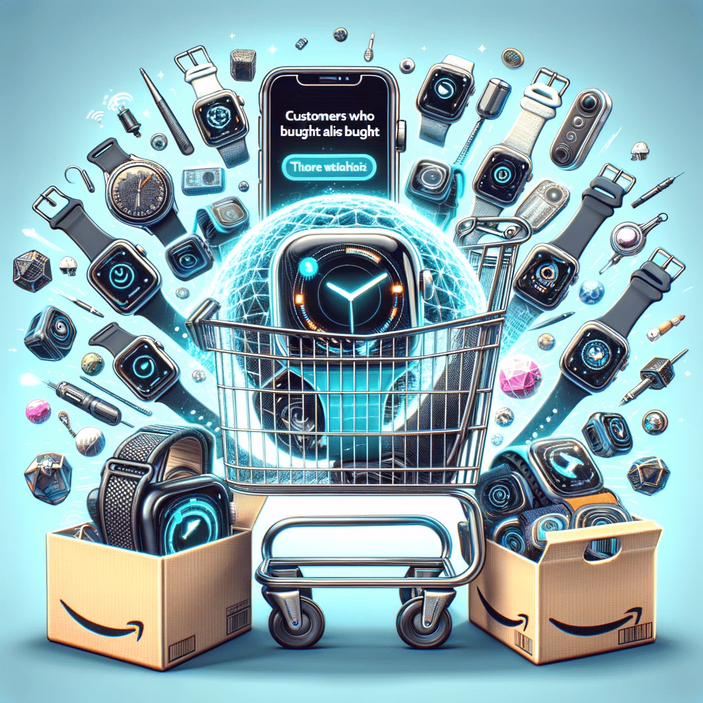 Digital Amazon cart with smartwatches and high-tech toys, illustrating the advanced 'Customers Who Bought This Also Bought' recommendation system.