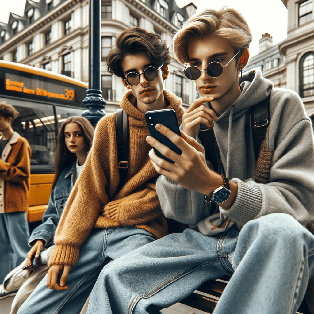Hip Gen Z teens using social media in an urban environment with public transit, incorporating a brand recommendation in their social interaction.
