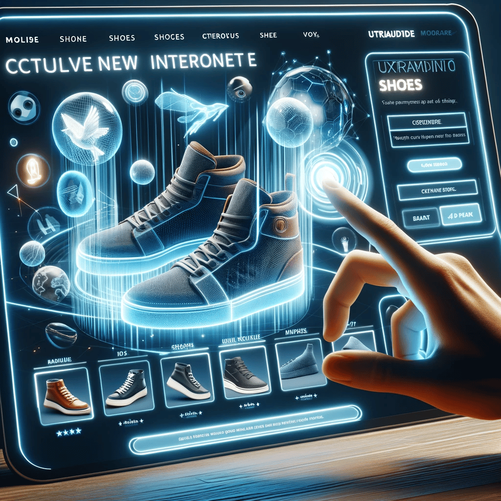 Realistic image of a modern website selling shoes with a 3D hologram feature and other interactive elements, showcasing innovative online retail.