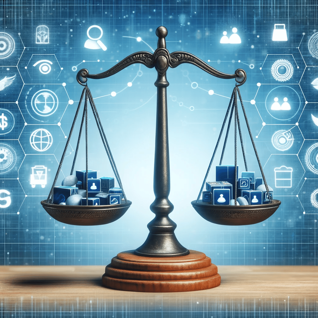 Balanced scales with products, symbolizing effective inventory management using predictive analytics in marketing.