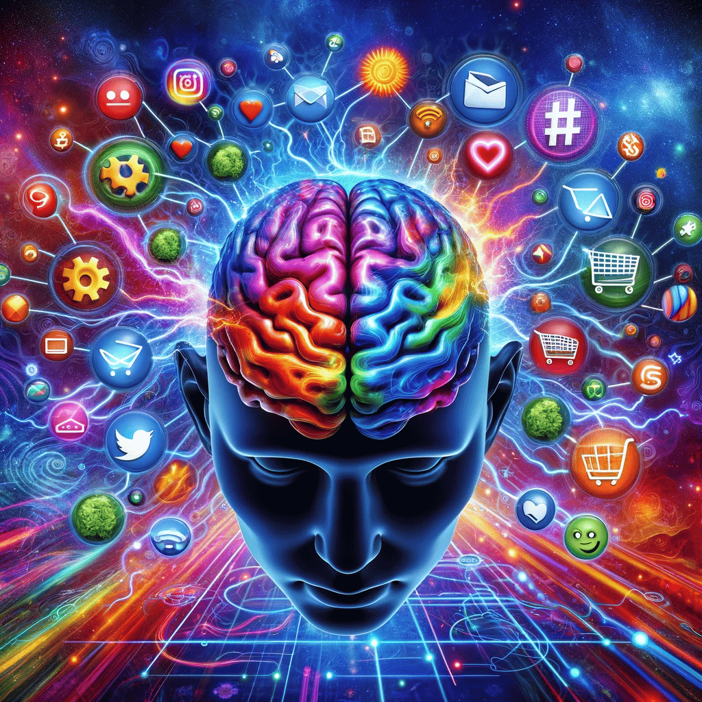 An image showcasing a human brain emitting colorful electric waves, intertwined with marketing symbols like hashtags, shopping carts, and emoticons, set against a dynamic background of neon colors and abstract shapes.