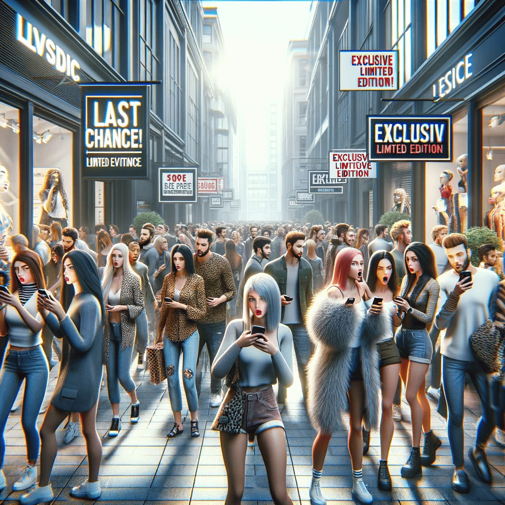 Realistic image depicting the FOMO effect in a modern urban shopping environment, with a diverse group of stylish young people showing excitement and urgency around limited-time offers and exclusive deals in a bustling city street.