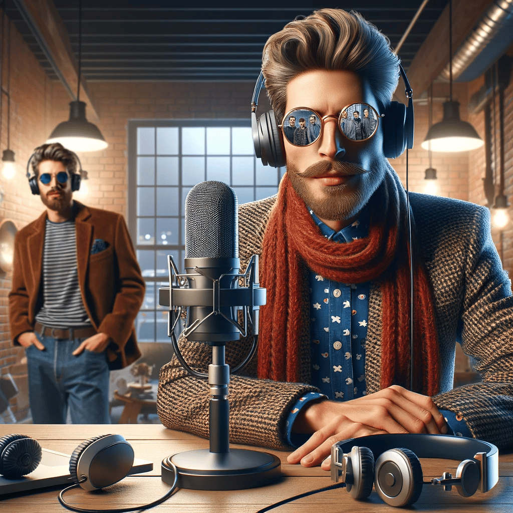 Ultra-realistic image of a stylish podcaster with a guest in a modern, trendy podcasting studio, embodying the cool and cutting-edge world of podcasting.