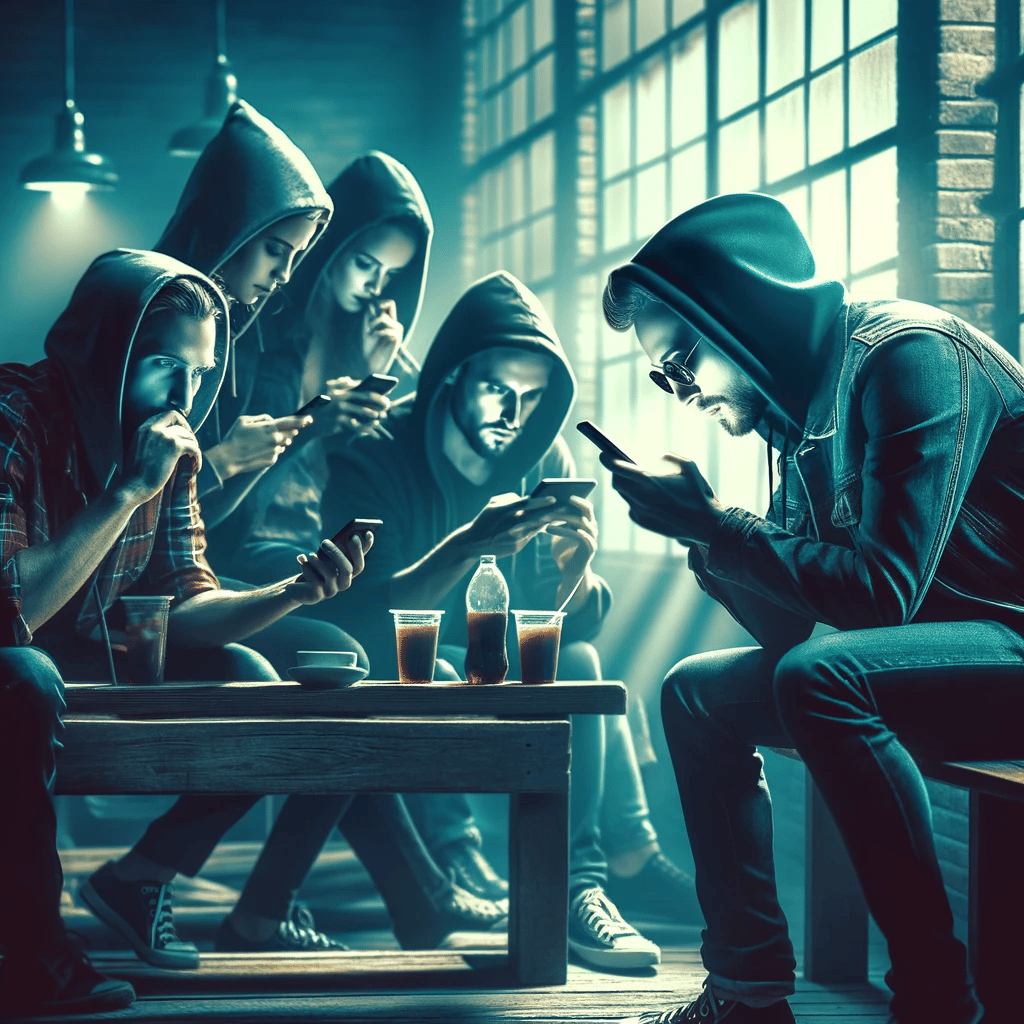 Visually striking image of individuals in a contemporary setting, engrossed in their smartphones, depicting the secretive nature of Dark Social Media.