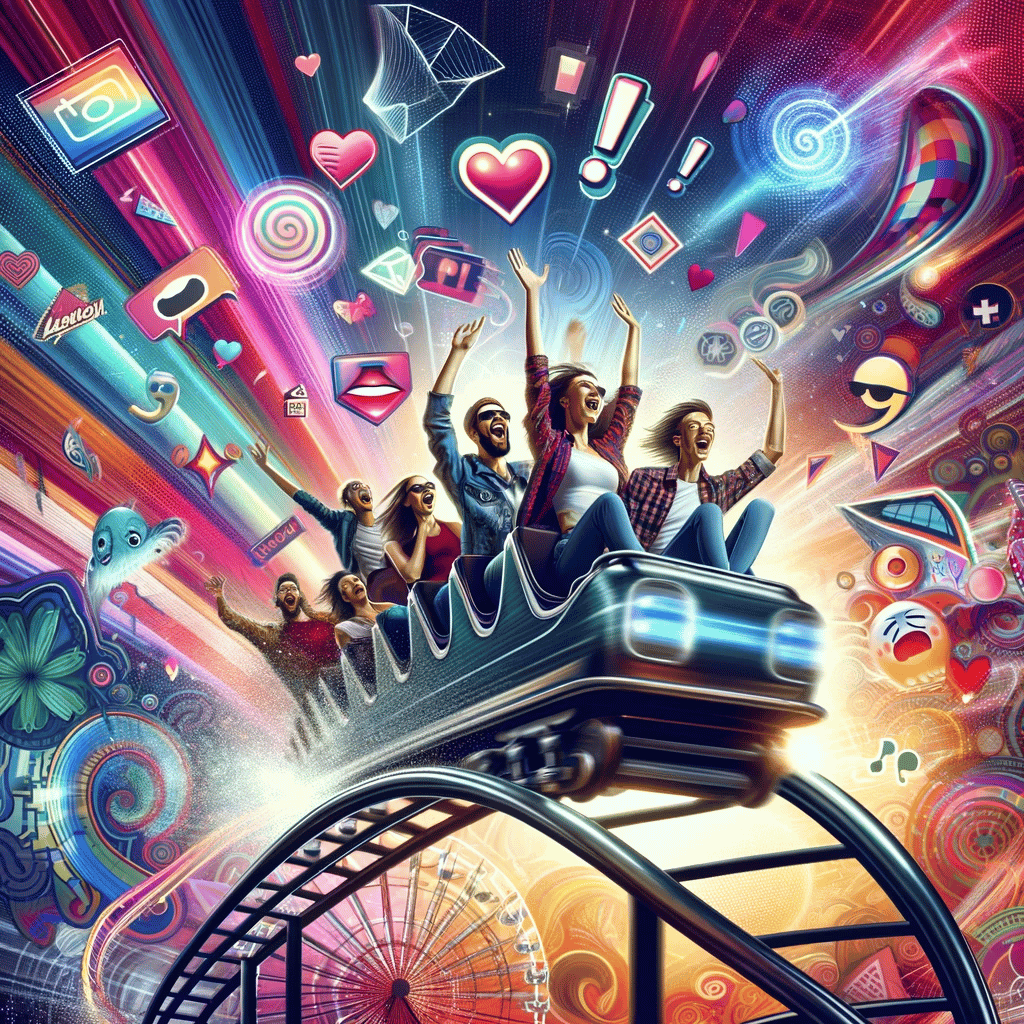 An image of trendy, young adults on a roller coaster, symbolizing the emotional journey in marketing, set against a backdrop of vibrant colors and dynamic shapes, with emotional symbols like hearts and emoticons surrounding them.