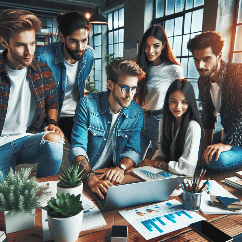 Young and trendy marketing professionals collaborating in a modern workspace, symbolizing the cutting-edge approach to marketing.