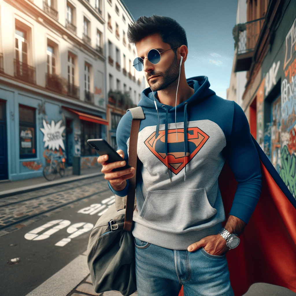 Casual marketing professional in streetwear using a smartphone in an urban setting, symbolizing control and expertise in AI without any text or logos on his attire.
