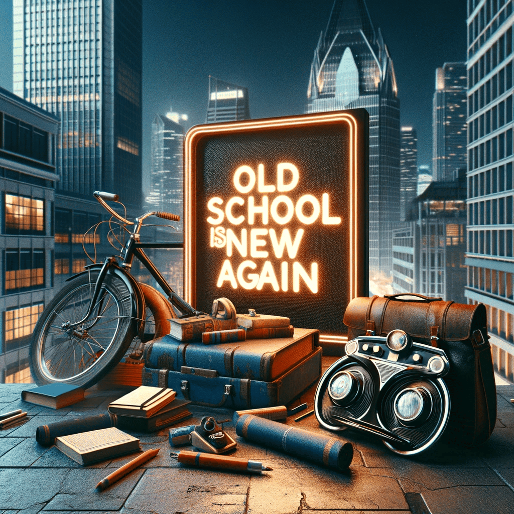 An image combining retro and modern elements in a contemporary urban setting, symbolizing the blend of old-school charm with modern trends.