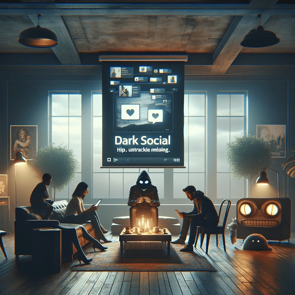 Realistic image depicting people engaging in private, untrackable social media interactions, representing the concept of Dark Social Media in a contemporary setting.