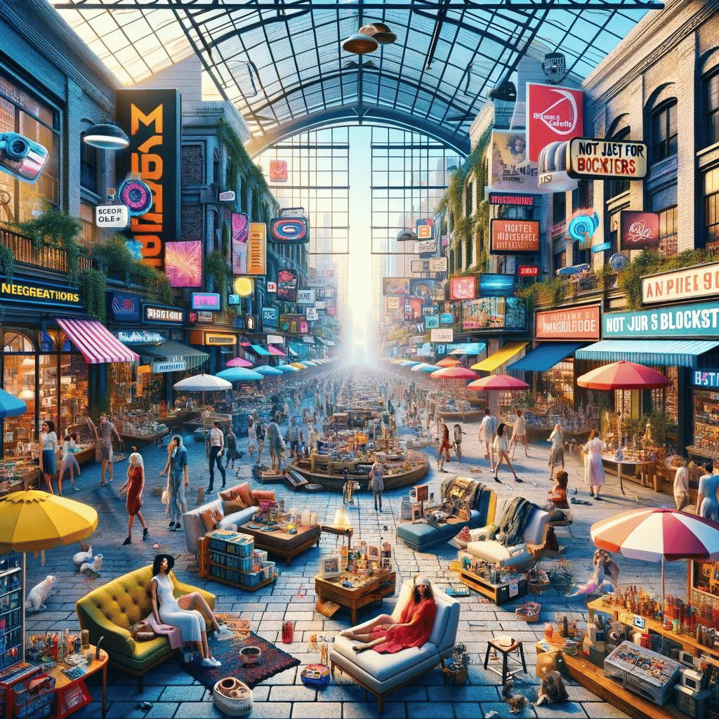 Digital marketplace scene with CGI-rendered products and virtual ads, showcasing the integration of CGI in everyday marketing.