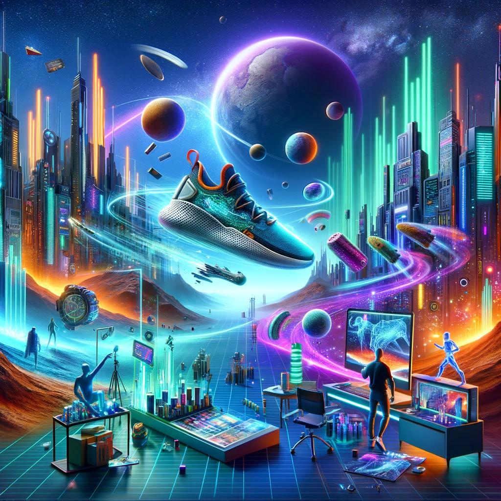 Dynamic montage of futuristic cityscapes, vibrant digital landscapes, and a 3D-rendered sneaker above Mars, illustrating CGI's impact on marketing.