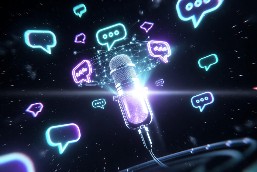 A glowing microphone floating in dark space surrounded by orbiting holographic speech bubbles and reply icons in neon cyan and purple with a beam of light transforming into a constellation of connected nodes
