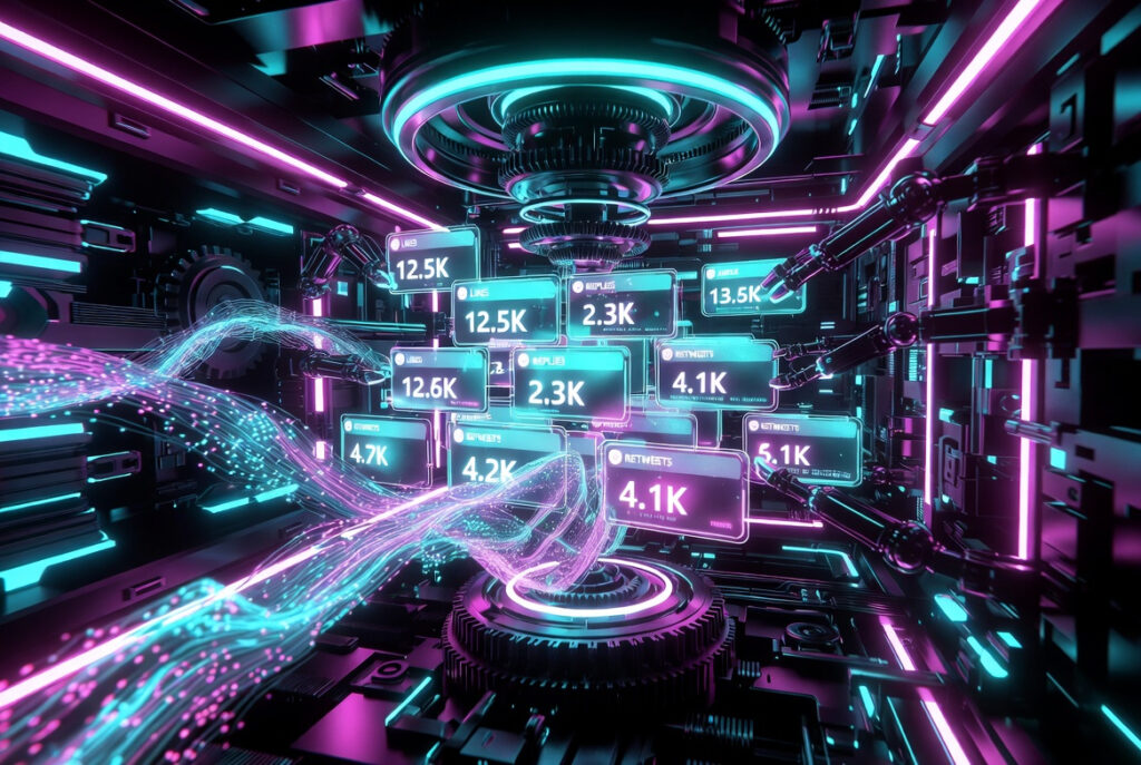 Futuristic 3D machine interior with glowing gears and circuits sorting holographic social media engagement metric cards using robotic arms in neon cyan and magenta lighting