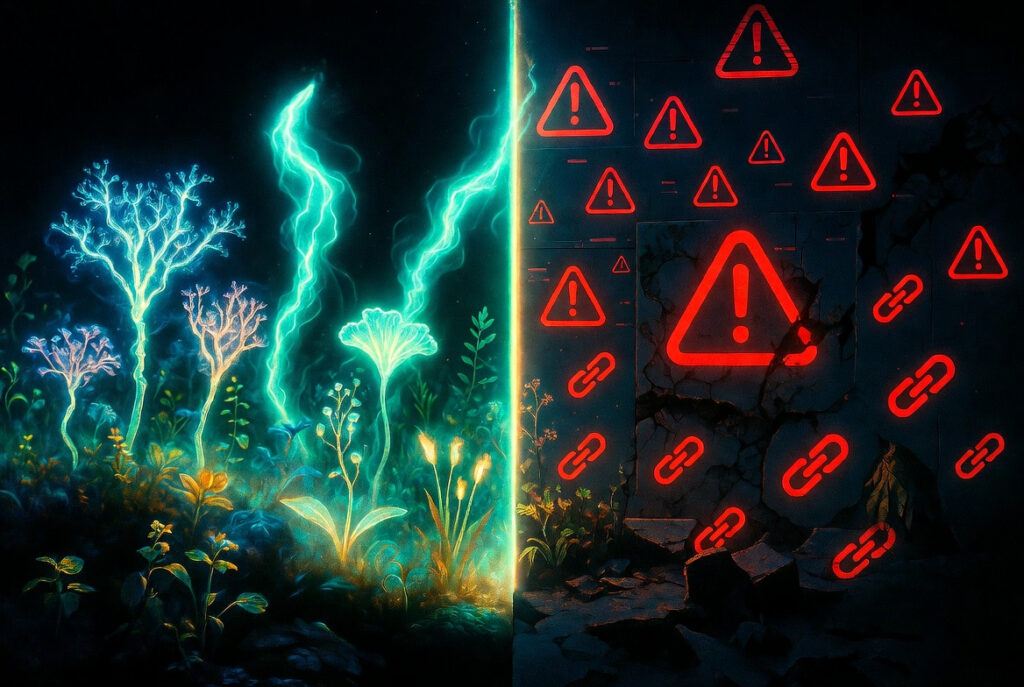 Split composition 3D render with a thriving neon garden of cyan and green energy on the left and a crumbling digital wall with red warning icons on the right divided by a glowing center line