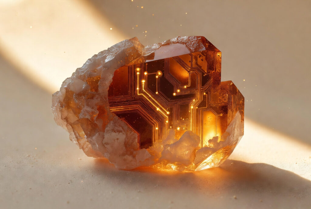 Macro photograph of an abstract crystalline amber structure with glowing golden internal light channels resembling neural network topology and circuit architecture, representing AI compute infrastructure and the inference engine powering agentic desktop tools like Claude Cowork