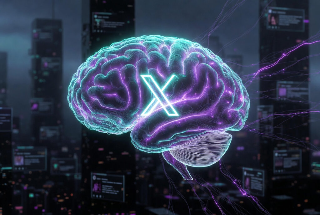 3D render of a glowing neural network brain made of cyan and purple energy filaments hovering above a dark cityscape of social media feed columns with the X logo embedded in its core