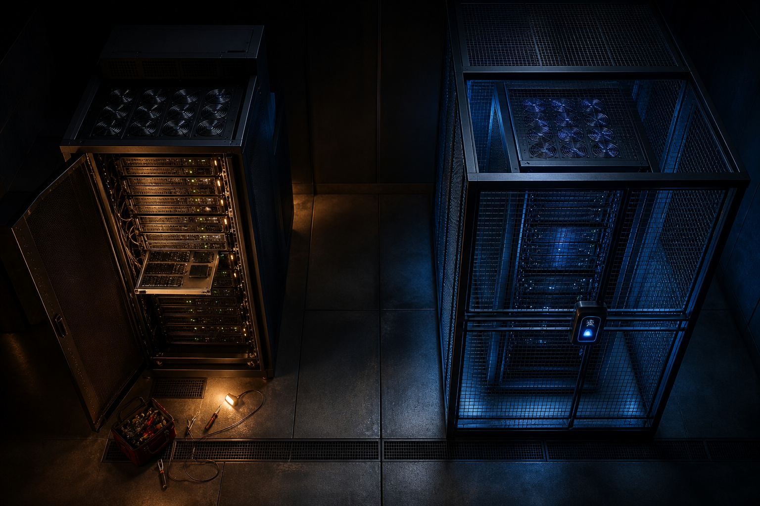 Two abstract standing forms in a dark hall: a solid gold monolith beside a dark lattice monolith of the same size.