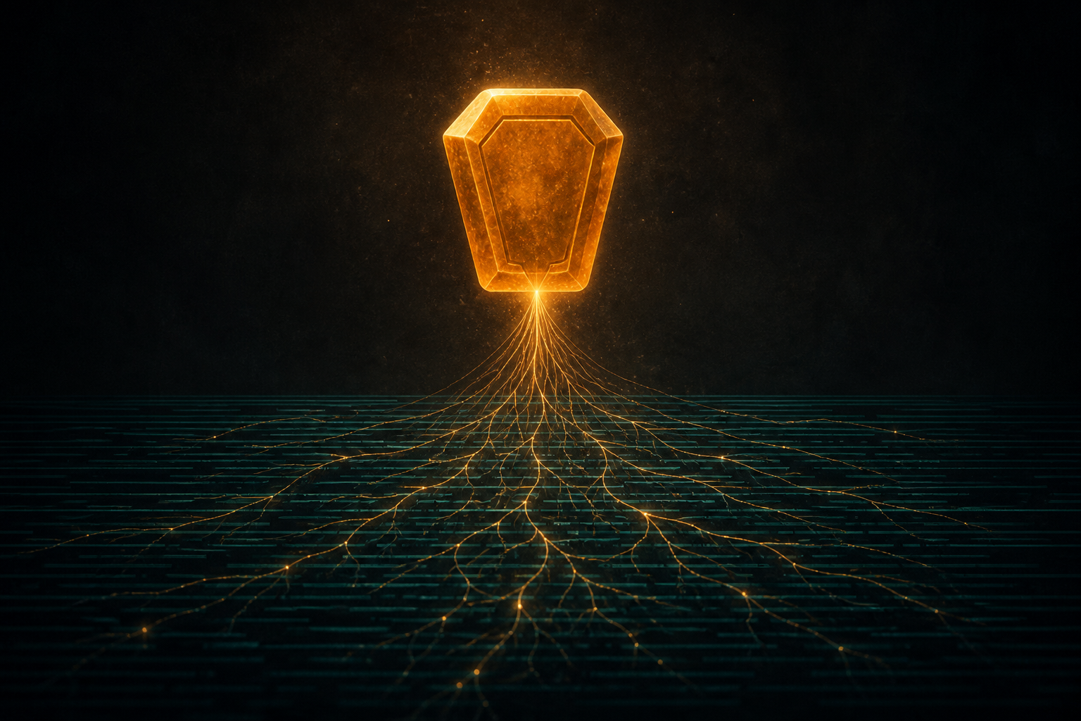 A glowing amber identity seal suspended above a dark ledger, with luminous audit trails branching into the grid.