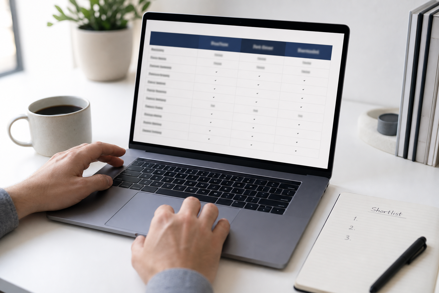 Hands on a laptop showing a three-column comparison table beside a notebook labeled Shortlist.