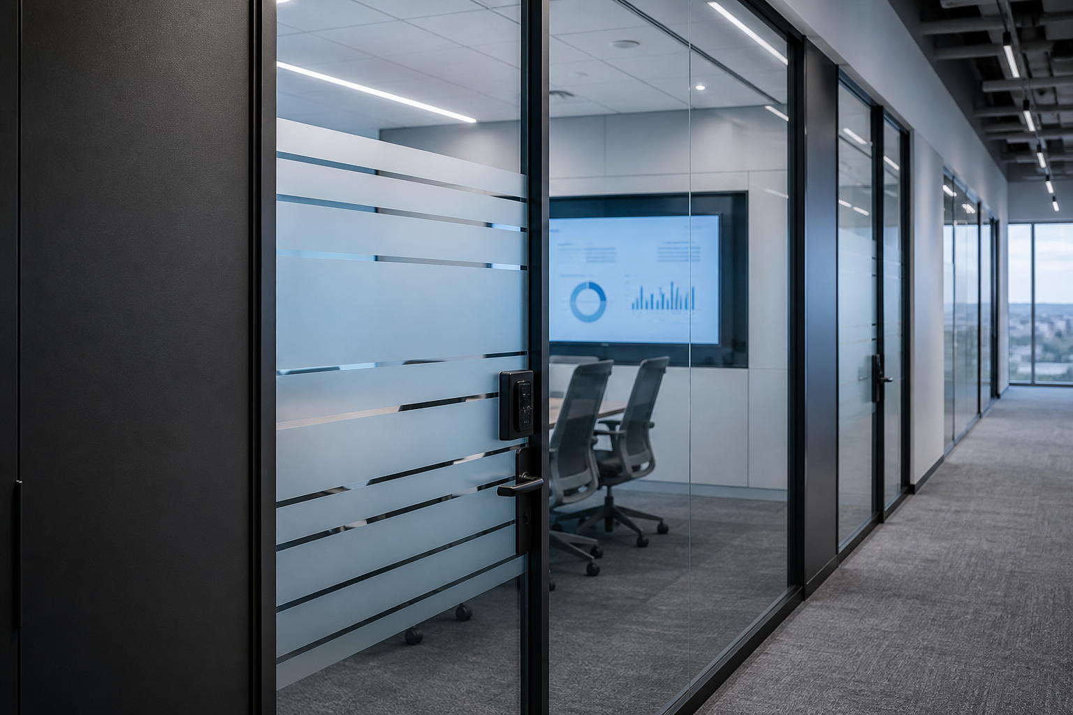 Frosted glass conference room with a badge lock and a screen of abstract charts beyond the door.