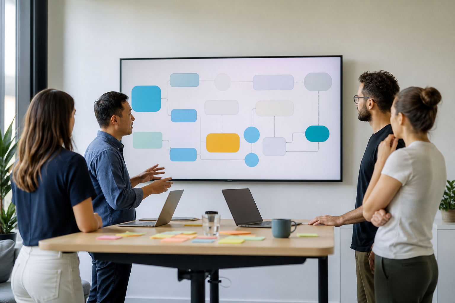Team reviewing a wall display