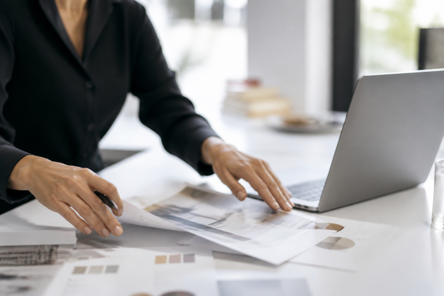 Hands reviewing documents beside a laptop on a clean desk