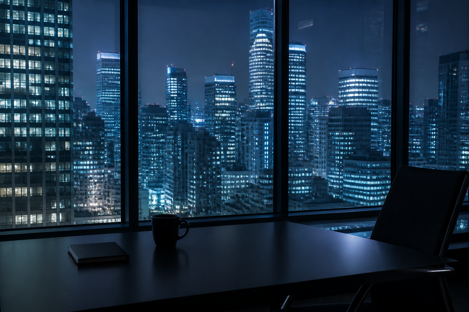 Night city skyline from a darkened office desk