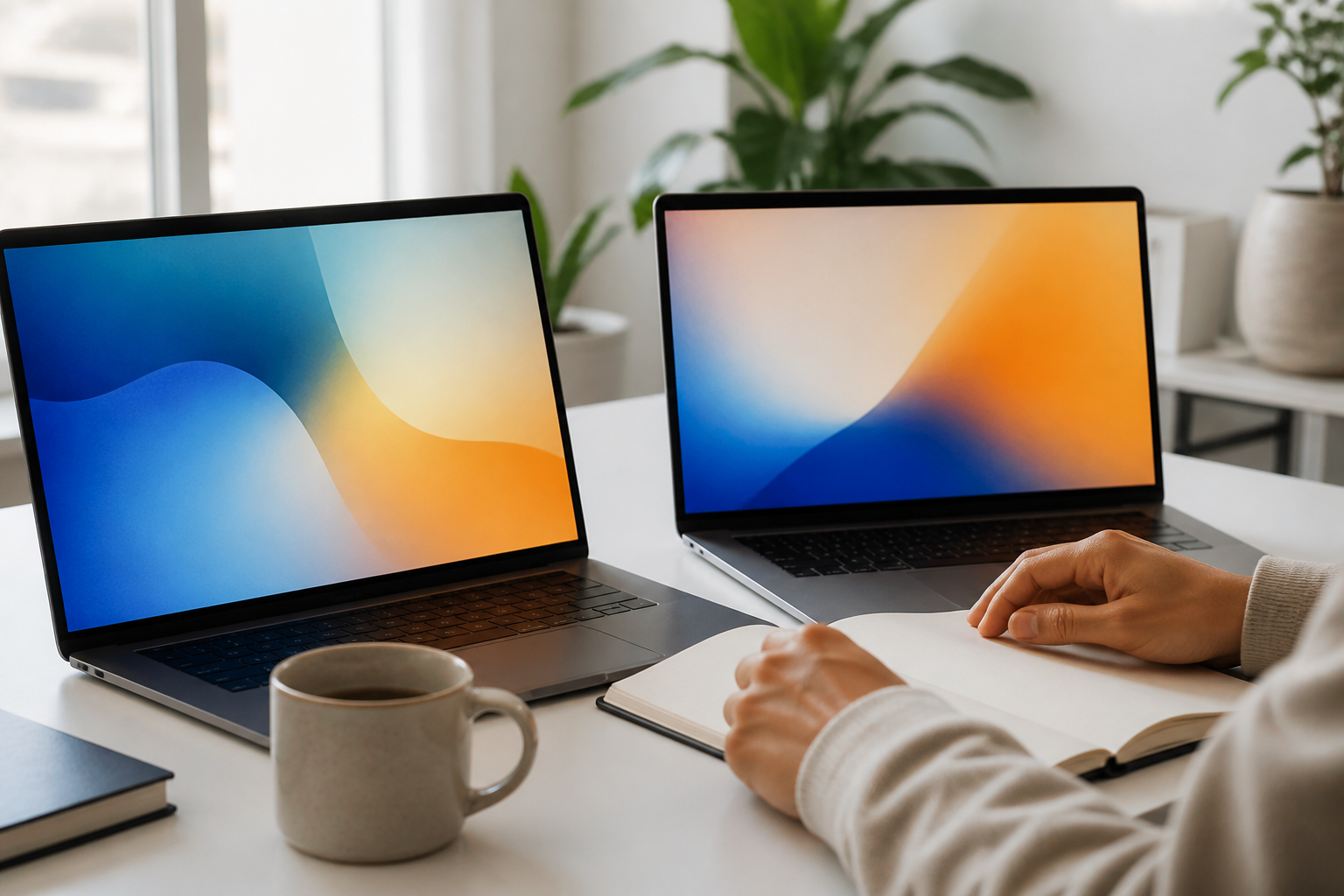Hands at a clean desk with two laptops showing abstract color washes and a blank notebook.