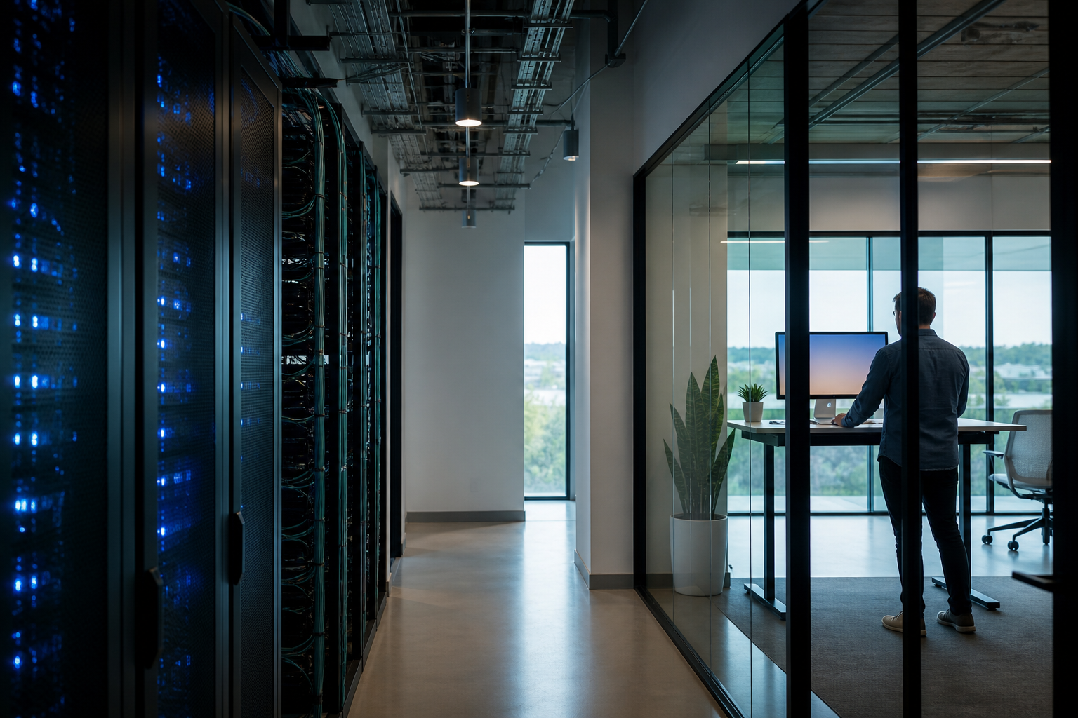 Glass workspace beside a quiet server corridor with an operator at a standing desk.