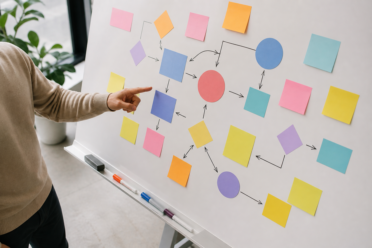 Person pointing at an abstract dependency graph on a whiteboard in a bright office.