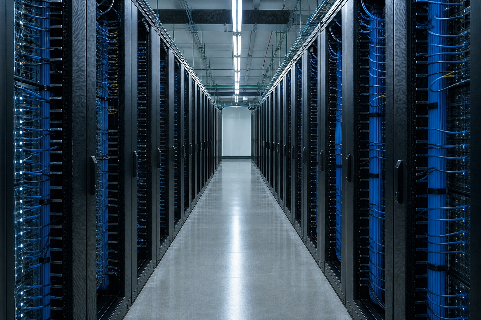 Empty data center aisle with neat blue cabling and cool overhead lights.