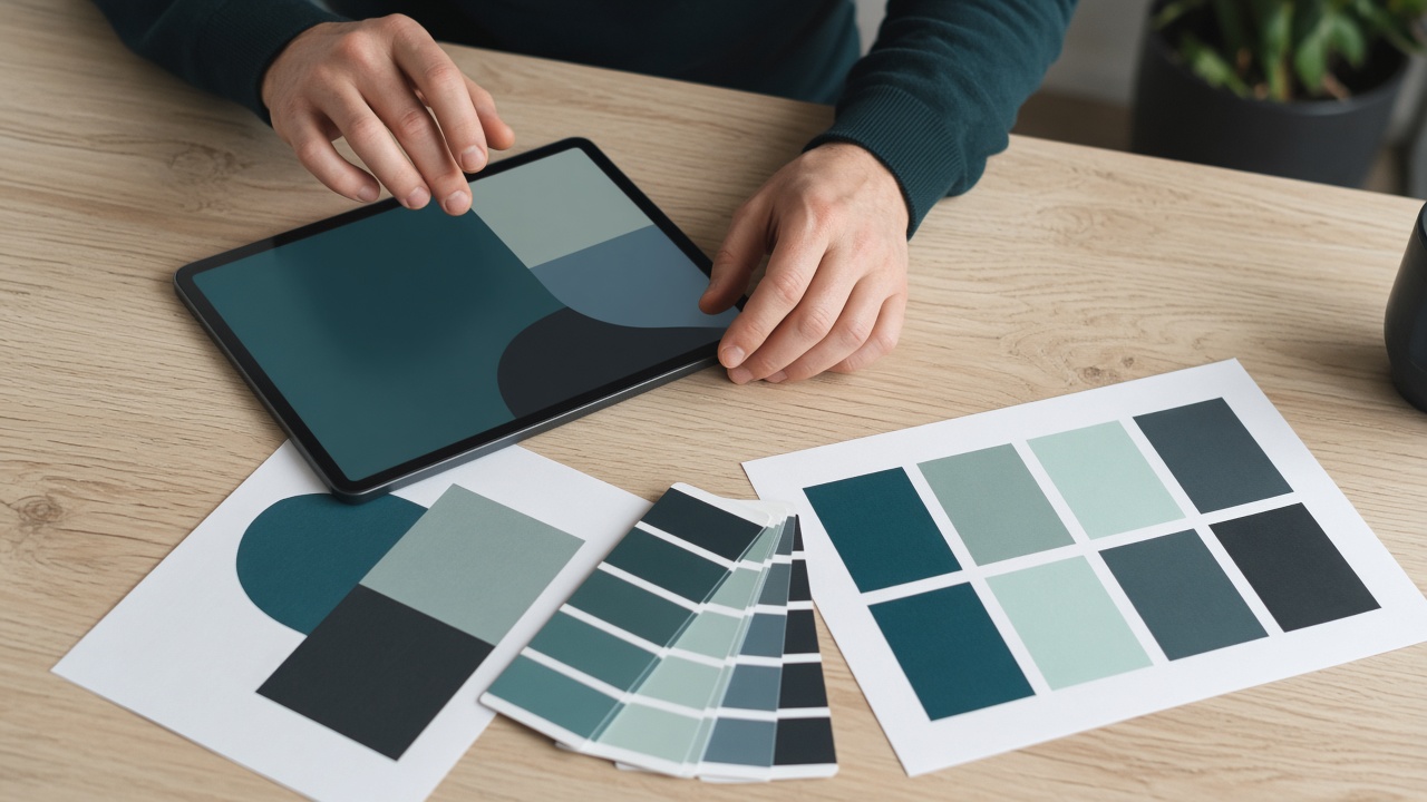 Designer hands on a tablet beside teal color swatches on a light wood desk.