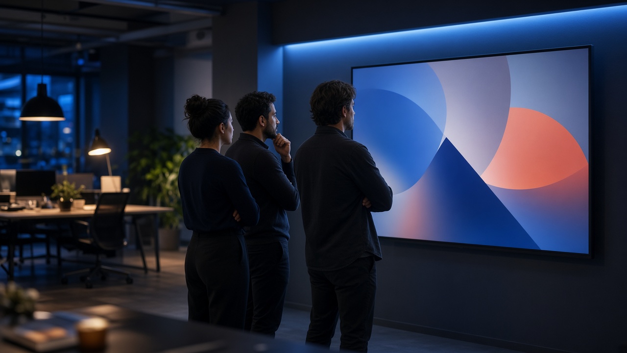 Three operators reviewing abstract campaign graphics on a wall display in an evening office.