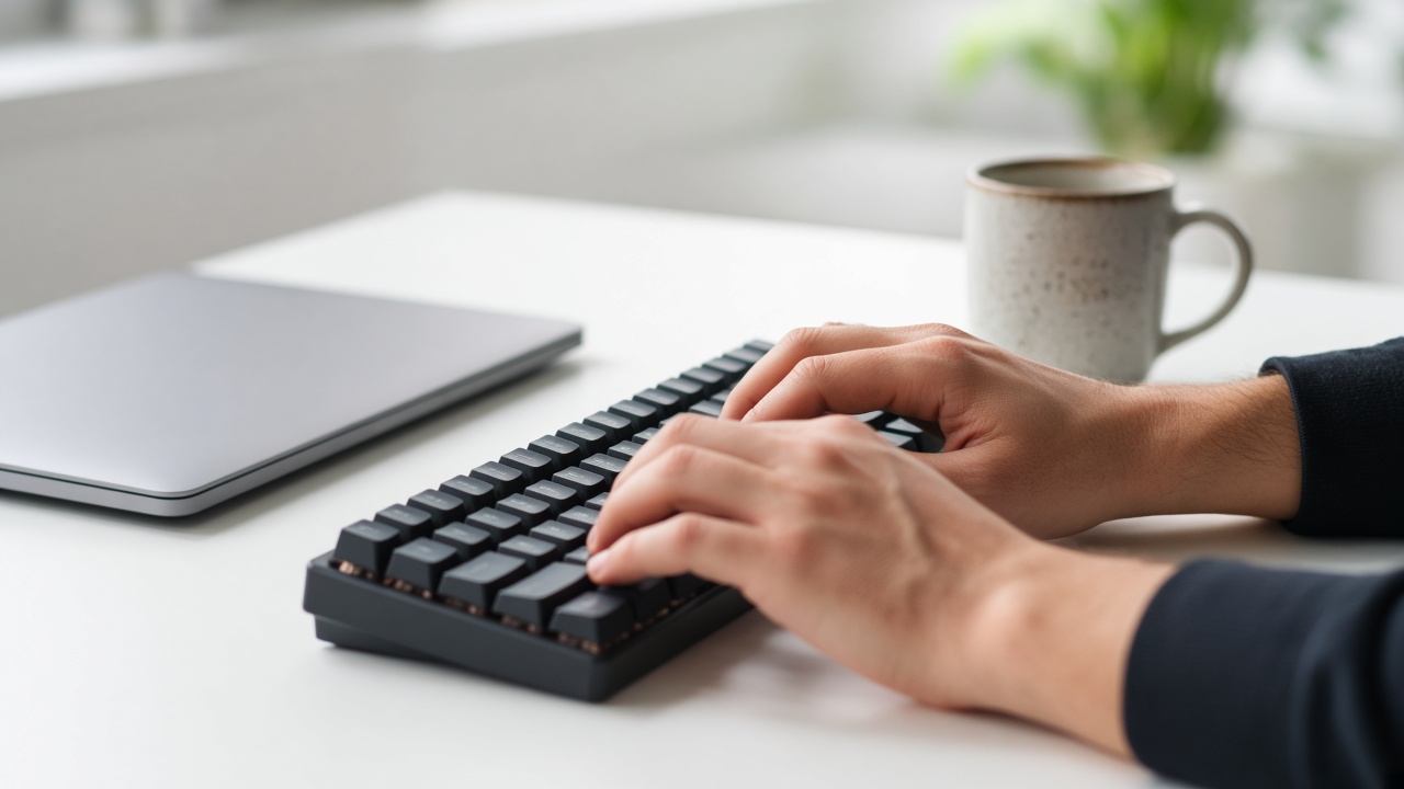 Hands typing on a keyboard beside a laptop and coffee mug