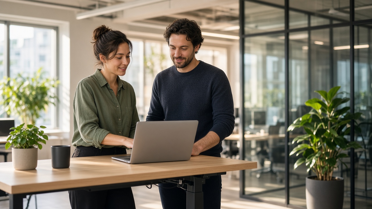 Two colleagues reviewing a laptop together at a standing desk