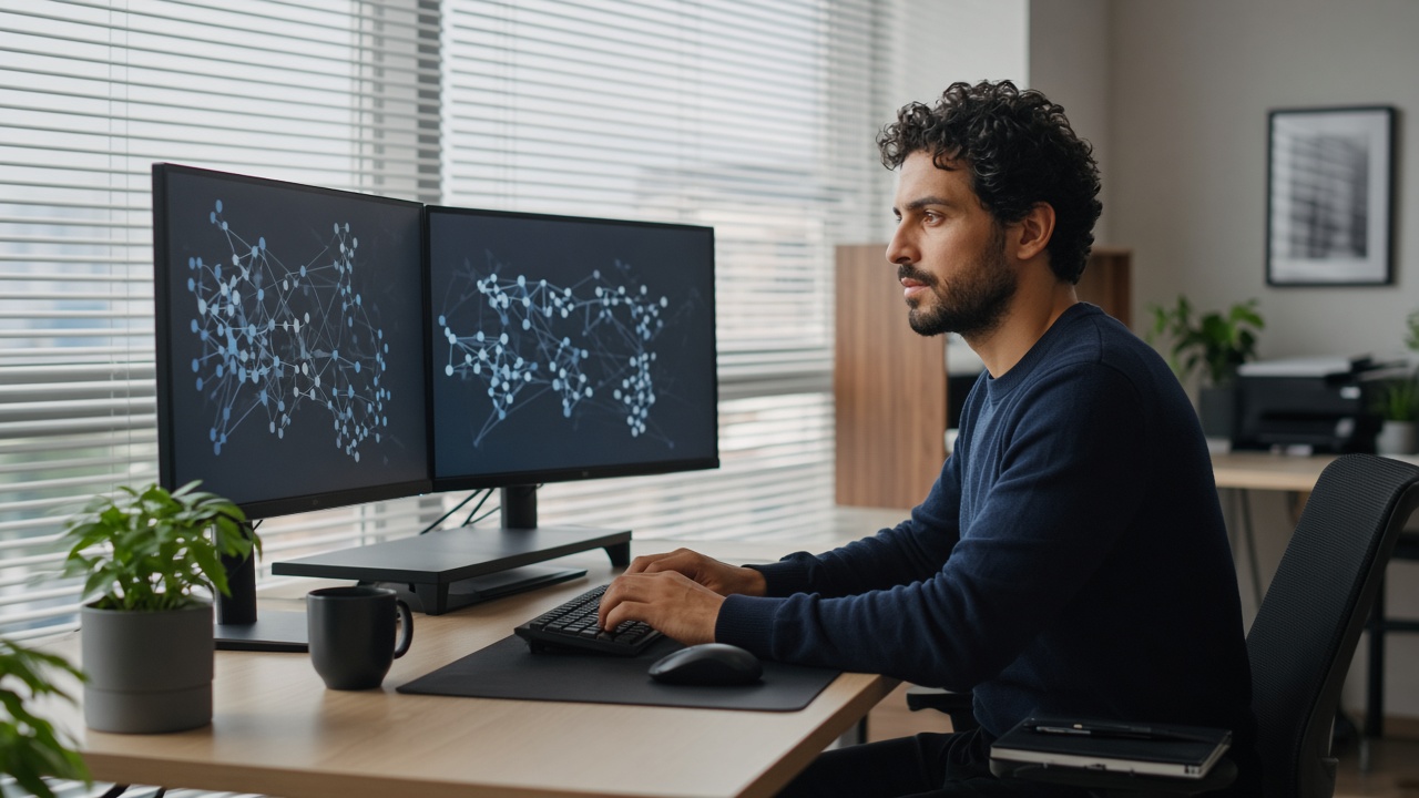 Operator at a clean dual-monitor desk in a modern office