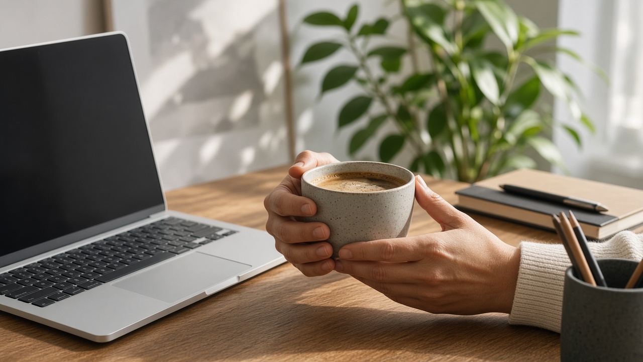 Hands holding a coffee mug beside a laptop on a wooden desk in morning light.
